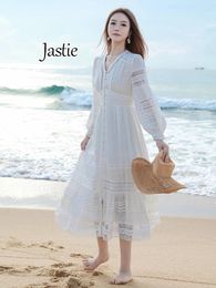 Casual Dresses Jastie White Cotton Single-breasted Lantern Sleeve Long Dress Hollow Lace V Neck Womens Elegant Holiday Woman Clothing