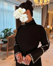 2024 Mother of the Bride Dresses for Weddings Black high Neck Arabic Guest Gowns Long Sleeves Crystal Prom Evening Dress
