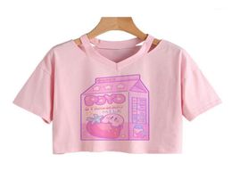 Women039s TShirt Summer Cute Milk Carton Pattern Tops Aesthetic VNeck Short Sleeve Shirt Streetwear Vintage Pink Tee5315030