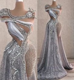 NEW Arabic Aso Ebi Sparkly Silver Luxurious Prom Dresses Beaded Crystals Evening Formal Party Second Reception Birthday Engagement Gowns Dress BC18444