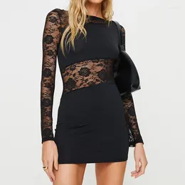 Casual Dresses Women Lace Patchwork Bodycon Mini Dress Evening Party Spring Summer Clothes Long Sleeve Boat Neck Sexy Club