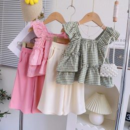 Clothing Sets Summer Fashion Baby Girls Clothes Kids Shirts Sling Sleeveless Plaid Vest Tops Pants 2pcs Suits