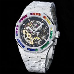 Watch Men Hollow Out Watch 41mm Automatic Mechanical Movement Rainbow Diamond Bezel Sapphire Watches High Quality Frosting Stainless Bracelet Montre de luxe