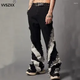 Men's Jeans Men Black White Patchwork Slim Fit Washed Ripped Edges Casual Flared Denim Pants