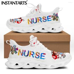 Casual Shoes INSTANTARTS Women White Brand Design Cartoon Heartbeat Art Flat Sneakers For Ladies Lace Up Footwear