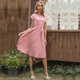 Summer hot selling Women dresses designer Mid-length skirt short sleeve Yellow blue green pink red black lace up polka dot pleated dress 8b8 db8