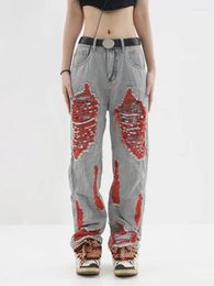 Women's Jeans Vintage Embroidery Ripped Patch Women's American HipHop High Street Straight Pants Wide Leg Washed Old Loose Fit