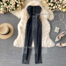 designer Women's Jumpsuits & Rompers Amolapha Women Sexy Button Strapless Slim Denim fashion Jeans Outfit 500