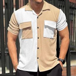 Summer Beach Breathable Shirts Men Casual Short-sleeved Button Lapel Knit Shirt Vintage Patchwork Knitting Cardigans 240516