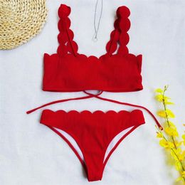 Women's Swimwear Red Bikini Drawstring Lace Up Swimsuit Sexy Women Brazilian Beach Outfit 2 Piece Bathing Suit Thongs Bikinis Sets Mujer