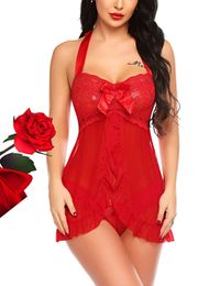 Jesais Lingerie for Women Lace Babydoll Open Front Sleepwear Halter Nightie Chemise XS-5XL