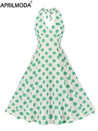 Casual Dresses 2024 50s 60s 40s Retro Vintage Halter Sexy Party Dress Elegant Green Polka Dot Print Bacless Holiday Summer Swing