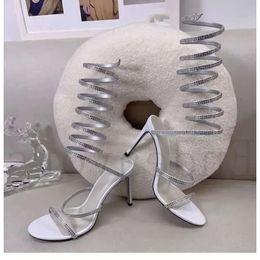 Thin Wrapped High Ankle Sandals Rhinestone Heels Summer Round Toe Straight Line Fashion Show Ocn Large Size Women e58