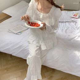 Women's Sleepwear High Quality White Embroidery Lace Pyjamas Set Korean Ruffles Polka Dot Long Sleeve Shirts Pants Pijamas Autumn Y139