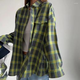 Women's Blouses Retro Style Versatile Lapel Loose Fitting Shirt 2024 Spring And Autumn Plaid Long Sleeved Pocket