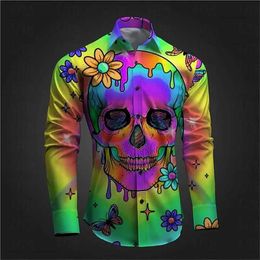 Men's Casual Shirts Optical Illusion Skeleton Mens Subcultual Hippie Abstract 3D Printed Shirt Daily Wear Out Spring Turndown Long Slve Shirts T240522