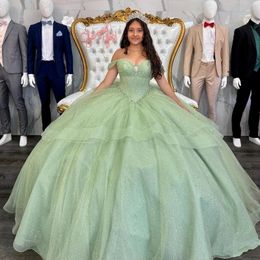 Green Quinceanera Dresses With Bow Tie Off the Shoulder Ball Gown Sweet 16 Dress Layered Tulle Princess Vestidos De 15 Anos