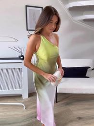 Casual Dresses Maxi Dress Sexy Sleeveless Backless Vacation Vestidos Summer Tie Dye Print Asymmetric One Shoulder Satin Women