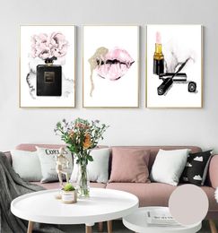 Pink Lips Print Perfume Poster Lipstick Makeup Wall Art Painting Fashion Posters And Prints Flower Wall Pictures Bedroom Decor6070235