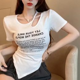 Slim Irregular Womens Clothing Sexy Summer Printing Letter Tops Ladies Short Sleeve Pullovers Hollow Out T-Shirts 240522