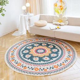 Carpets Hand Woven Cotton Linen Round Carpet Living Room Bedroom Retro Boho Decor Summer Floor Rug Non Slip Tassel Mandala Yoga Mat