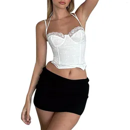 Women's Tanks Women Lace Sexy Camisole Dolphin Hem Up Backless White Tank Cropped Tops With Padded Bra Female Slim Fit Bustiers Corset