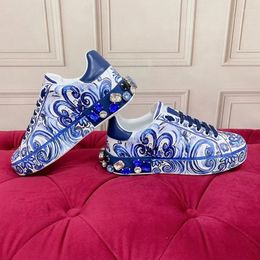 Casual Shoes Blue And White Porcelain 3D Printing Front Tie Thick Bottom Sneakers Unisex Gem Color-Mixed Heightening Trendy