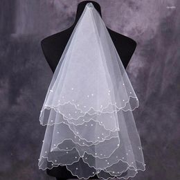 Bridal Veils 1-Tier Wedding Veil Waist Length Short Bride Tulle Pearls Hair Accessoies With Ribbon Party Pography Headwear