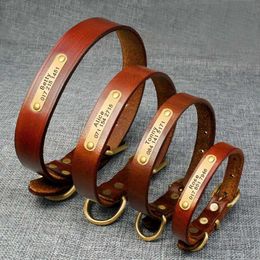 Dog Collars Leashes Personalized ID Collar Genuine Leather Small Medium Dogs Cat Custom Pet Name And Phone Number Free Engraving H240522