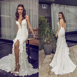 Dalal Front Riki Split Mermaid Wedding Dresses Simple Beach Backless Sexy Spaghetti Neck Bridal Gowns Ruffles Custom Made Robe