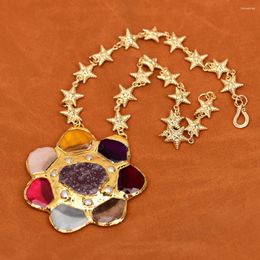 Pendant Necklaces GG 20" Big Natural Mix Color Multi Agate Crystal Amethyst Quartz Pearl Gold Plated Star Chain Necklace