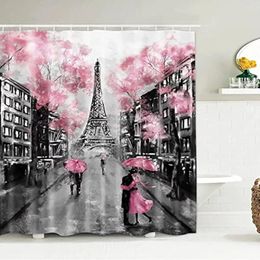 Shower Curtains Paris Eiffel Tower Pink Curtain Set Valentine's Day Red Lips Gift Bath Against Water Bathroom Decor With Hooks