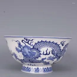 Decorative Figurines Chinese Qing Qianlong Blue And White Porcelain Two Dragons Design Bowl 6.1 Inch