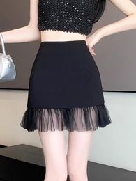 Skirts Korejepo Black Short Skirt Sexy Mesh Patchwork Buttocks Wrapped Women Summer Design High Waist Slimming A-line Bottoms