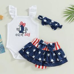 Clothing Sets Independence Day Baby Girl Clothes 4th Of July Flying Sleeve Romper Star Stripe Skirt Shorts Fourth Headband Set