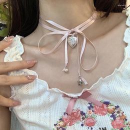 Choker Y2K Pink Rope Tied Peach Heart Pendant Necklace For Women Fashion Retro Sweet Harajuku Charm Jewellery Gift