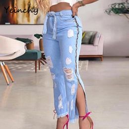 Women's Jeans Yeinchy Pockets Hole Women Destroyed Broken Long Pencil Pants Lady's Denim Trousers Summer Outfit Split Zipper Belt FM6214