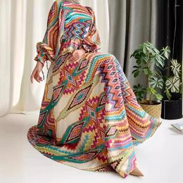 Ethnic Clothing Long Abstract Printed Dress Abayas For Women High Waist Party Sleeve Loose Robe O Neck Dubai Turkish