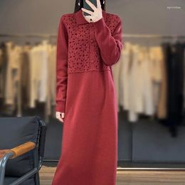 Casual Dresses POLO Neck Long Pure Wool Women Hand Embroidered Crocheted Dress Loose Sweater Knitted Base