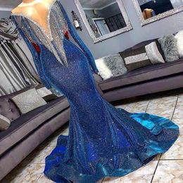 Royal Blue Sequined Prom Party Dresses With Shining Tassels Long Sleeevs Mermaid Evening Gowns 2K19 Formal Dress Custom Made 255Z