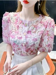 Women's Blouses Fashion Short Sleeve Lace Shirt Women Skeleton Niche Design Bubble Round Neck Summer Slim Tops