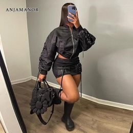 Work Dresses ANJAMANOR Baddie 2 Piece Set Strappy Cargo Mini Skirt And Cropped Jacket Cardigan Streetwear Women Winter Outfits D56-HI50