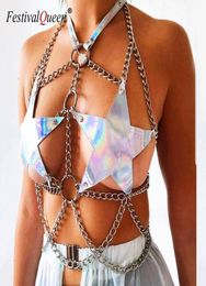 Garters Goth Shiny Holographic Pentagram Harness Metal O Ring Link Chain Sexy Lingerie Women Rave Festival Fashion Body Bondage4712589