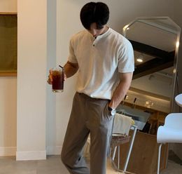 Men039s T Shirts Loose Solid Button Korean Fashion Lapel Short Sleeve Shirt Men Casual Simple Brown Basic Tshirt 2023Men0398011055