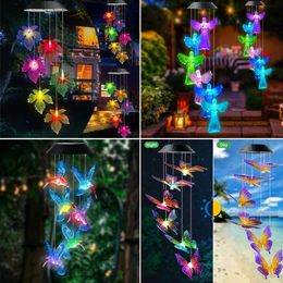 Solar Wind Chime Lamp Outdoor Garden LED Light Colorful Solar Butterfly Hummingbird Fairy Lights Waterproof Courtyard Decoration 240521