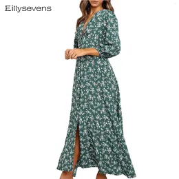 Casual Dresses Boho Women Floral Print Beach Maxi Dress Long Sleeve I Loose High Waist Female Holidy Party