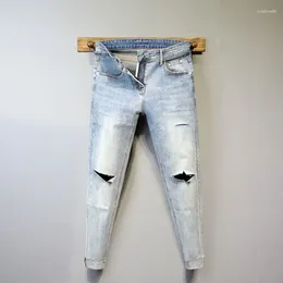 Men's Jeans Slim Spring And Autumn Denim Knee Ripped Holes Luxury Kpop Designer Clothes Pants