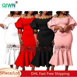 Casual Dresses 5Pcs Bulk Wholesale Elegant Evening Dress Women Sexy Off Shoulder Maxi Lace Patchwork Hollow Out Party Mermaid Skirt 10969