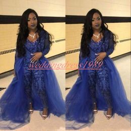 Trendy Jumpsuit Prom Dresses Pants Overskirt Long Sleeve Royal Blue Sequins Party Evening Gowns Robe De Soiree Celebrity Special Occasi 2061