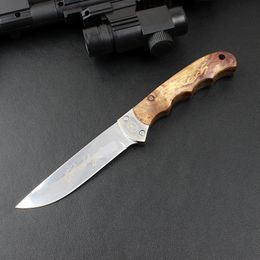 Survival Straight Hunting Knife 7Cr17Mov Satin Straight Point Blade Full Tang Shadow Wood Handle Fixed Blade Knives with Leather Sheath